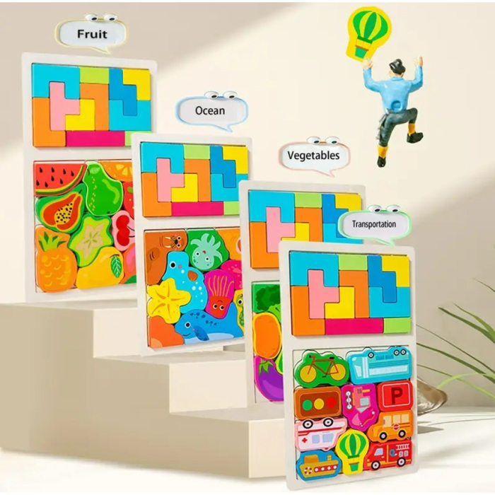 Puzzle Montessori din Lemn pentru Copii, Tip Tetris 2in1 +3 Ani, cu Animale Marine Colorate 3D, Educativ, Intuitiv, Creativ, 21 de Piese, 28.5x17x1.2 cm, Multicolor [6]