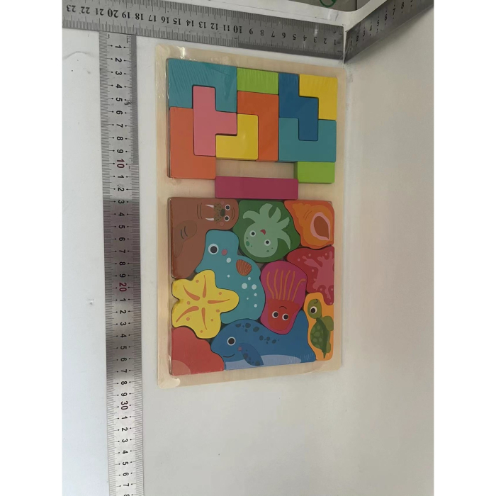 Puzzle Montessori din Lemn pentru Copii, Tip Tetris 2in1 +3 Ani, cu Animale Marine Colorate 3D, Educativ, Intuitiv, Creativ, 21 de Piese, 28.5x17x1.2 cm, Multicolor [7]