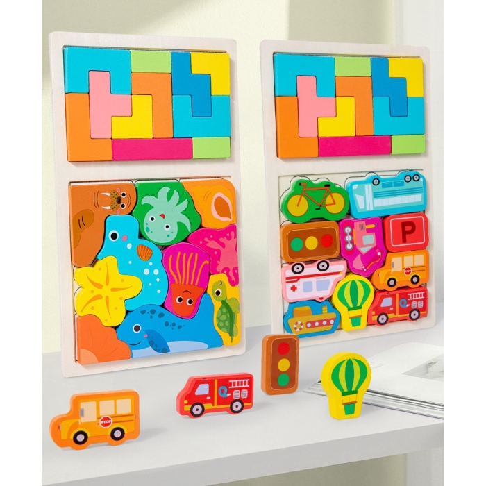 Puzzle Montessori din Lemn pentru Copii, Tip Tetris 2in1 +3 Ani, cu Animale Marine Colorate 3D, Educativ, Intuitiv, Creativ, 21 de Piese, 28.5x17x1.2 cm, Multicolor [4]