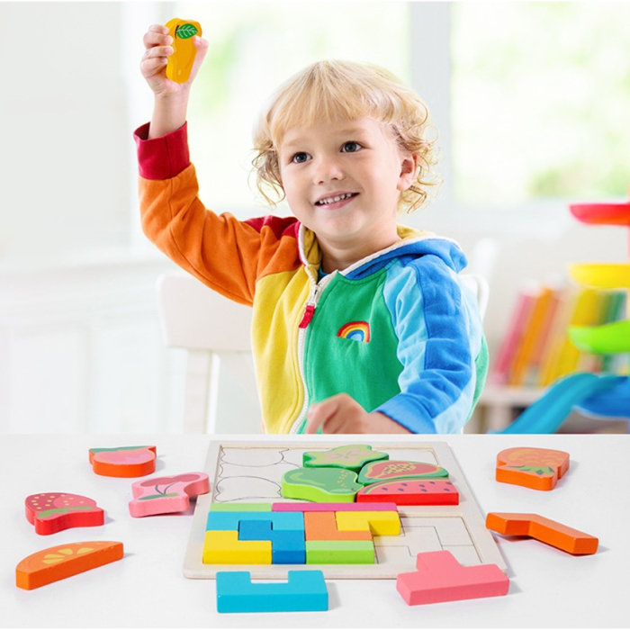 Puzzle Montessori din Lemn pentru Copii, Tip Tetris 2in1 +3 Ani, cu Fructe Colorate 3D, Educativ, Intuitiv, Creativ, 21 de Piese, 28.5x17x1.2 cm, Multicolor [5]