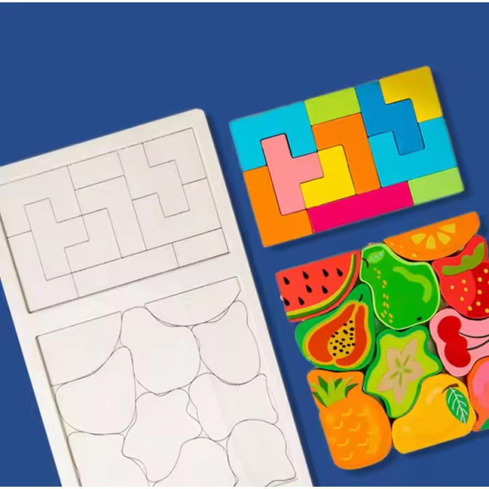 Puzzle Montessori din Lemn pentru Copii, Tip Tetris 2in1 +3 Ani, cu Fructe Colorate 3D, Educativ, Intuitiv, Creativ, 21 de Piese, 28.5x17x1.2 cm, Multicolor [4]