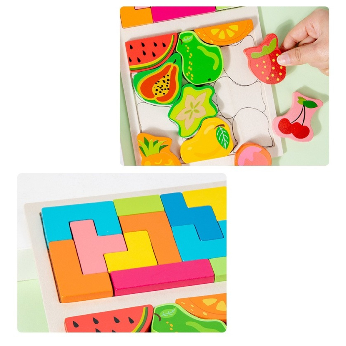 Puzzle Montessori din Lemn pentru Copii, Tip Tetris 2in1 +3 Ani, cu Fructe Colorate 3D, Educativ, Intuitiv, Creativ, 21 de Piese, 28.5x17x1.2 cm, Multicolor [3]