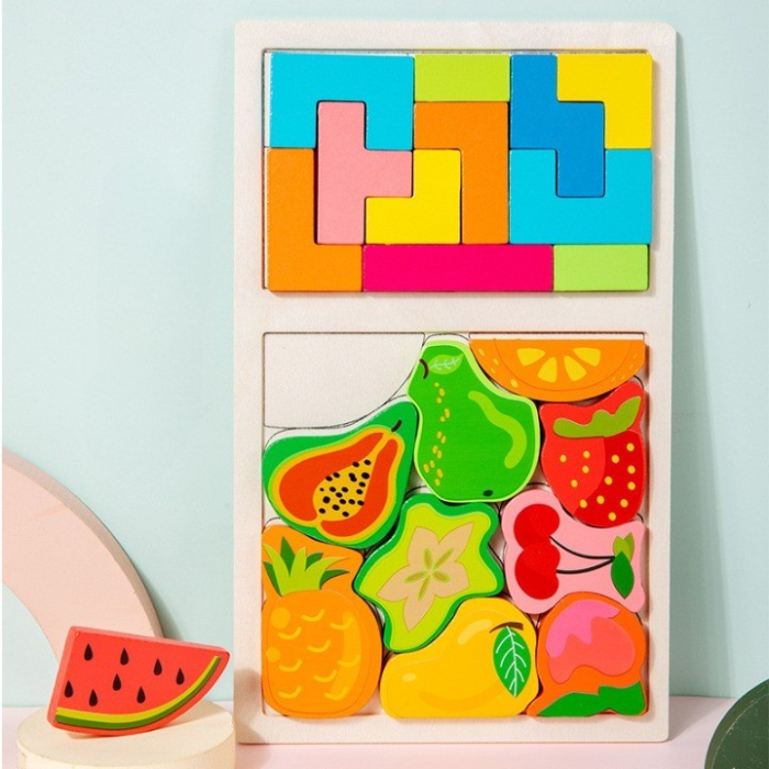 Puzzle Montessori din Lemn pentru Copii, Tip Tetris 2in1 +3 Ani, cu Fructe Colorate 3D, Educativ, Intuitiv, Creativ, 21 de Piese, 28.5x17x1.2 cm, Multicolor [2]