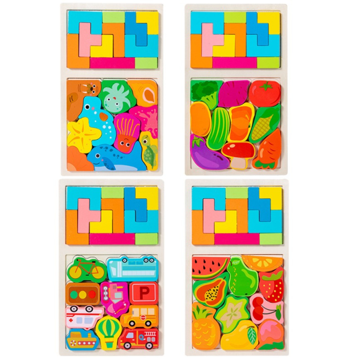 Puzzle Montessori din Lemn pentru Copii, Tip Tetris 2in1 +3 Ani, cu Fructe Colorate 3D, Educativ, Intuitiv, Creativ, 21 de Piese, 28.5x17x1.2 cm, Multicolor [8]