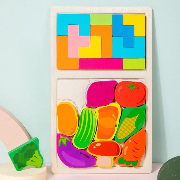 Puzzle Montessori din Lemn pentru Copii, Tip Tetris 2in1 +3 Ani, cu Legume Colorate 3D, Educativ, Intuitiv, Creativ, 21 de Piese, 28.5x17x1.2 cm, Multicolor [2]