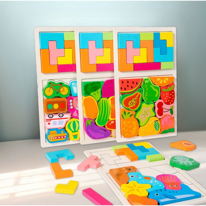 Puzzle Montessori din Lemn pentru Copii, Tip Tetris 2in1 +3 Ani, cu Legume Colorate 3D, Educativ, Intuitiv, Creativ, 21 de Piese, 28.5x17x1.2 cm, Multicolor [5]