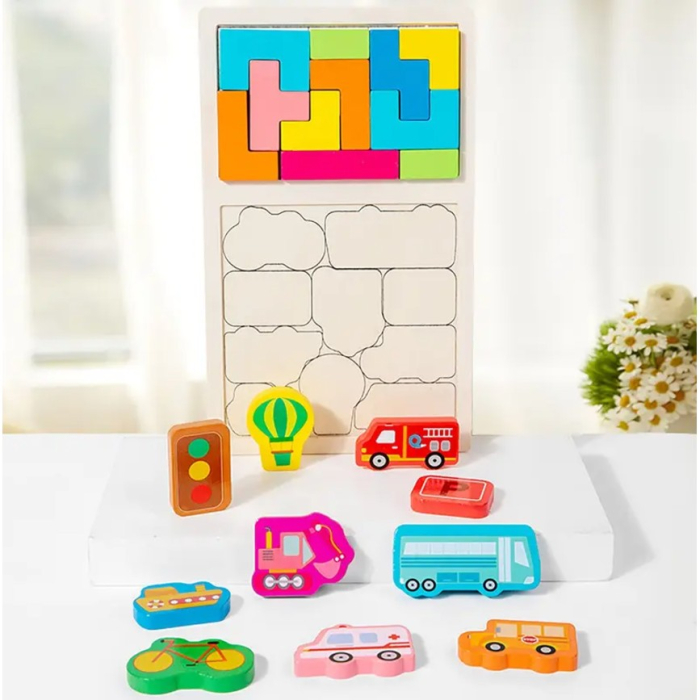 Puzzle Montessori din Lemn pentru Copii, Tip Tetris 2in1, +3 Ani, cu Masini Colorate 3D, Educativ, Intuitiv, Creativ, 21 de Piese, 28.5x17x1.2 cm, Multicolor [2]