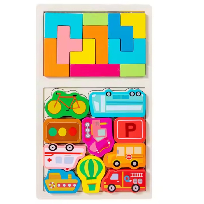 Puzzle Montessori din Lemn pentru Copii, Tip Tetris 2in1, +3 Ani, cu Masini Colorate 3D, Educativ, Intuitiv, Creativ, 21 de Piese, 28.5x17x1.2 cm, Multicolor [1]