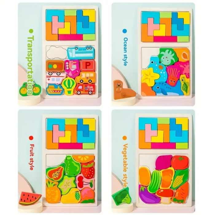 Puzzle Montessori din Lemn pentru Copii, Tip Tetris 2in1, +3 Ani, cu Masini Colorate 3D, Educativ, Intuitiv, Creativ, 21 de Piese, 28.5x17x1.2 cm, Multicolor [6]