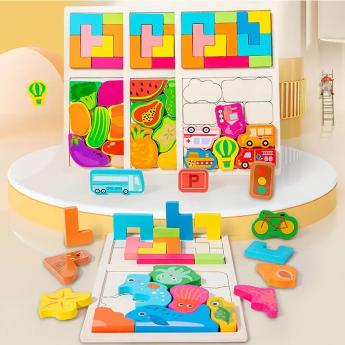 Puzzle Montessori din Lemn pentru Copii, Tip Tetris 2in1, +3 Ani, cu Masini Colorate 3D, Educativ, Intuitiv, Creativ, 21 de Piese, 28.5x17x1.2 cm, Multicolor [7]