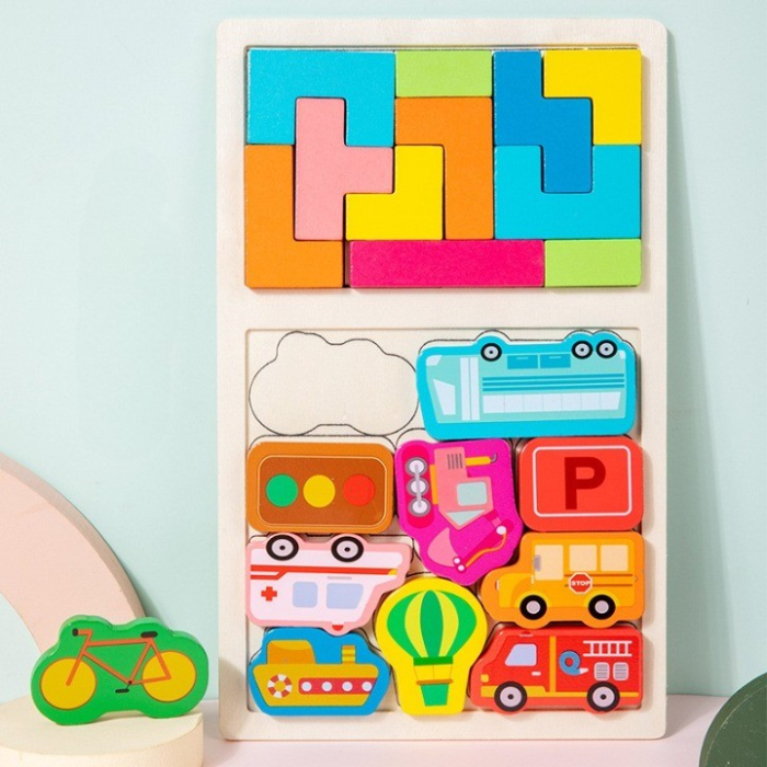 Puzzle Montessori din Lemn pentru Copii, Tip Tetris 2in1, +3 Ani, cu Masini Colorate 3D, Educativ, Intuitiv, Creativ, 21 de Piese, 28.5x17x1.2 cm, Multicolor [4]