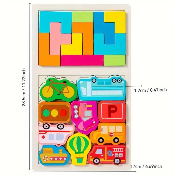 Puzzle Montessori din Lemn pentru Copii, Tip Tetris 2in1, +3 Ani, cu Masini Colorate 3D, Educativ, Intuitiv, Creativ, 21 de Piese, 28.5x17x1.2 cm, Multicolor [3]