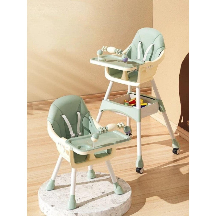 Scaun de Masa 2in1, pentru Copii de la 6 luni - 5 Ani, Inaltime Reglabila, Centura in 5 Puncte, Tava de Masa, Roti cu Frana, Cos Depozitare, Jucarie Inclusa, 94 x 78 x 60 cm, Verde [5]