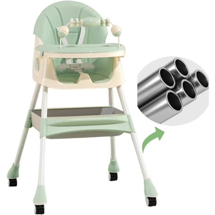 Scaun de Masa 2in1, pentru Copii de la 6 luni - 5 Ani, Inaltime Reglabila, Centura in 5 Puncte, Tava de Masa, Roti cu Frana, Cos Depozitare, Jucarie Inclusa, 94 x 78 x 60 cm, Verde [2]