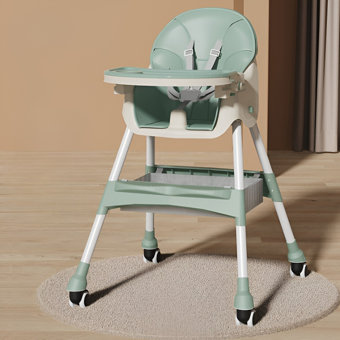 Scaun de Masa pentru Bebelusi si Copii, cu Roti, Telescopic, Pliabil, Masuta Reglabila, Suport Picioare, Scaun cu Invelis Piele Artificiala, Centura Siguranta, Spatiu Depozitare, 97x73x65 cm [2]