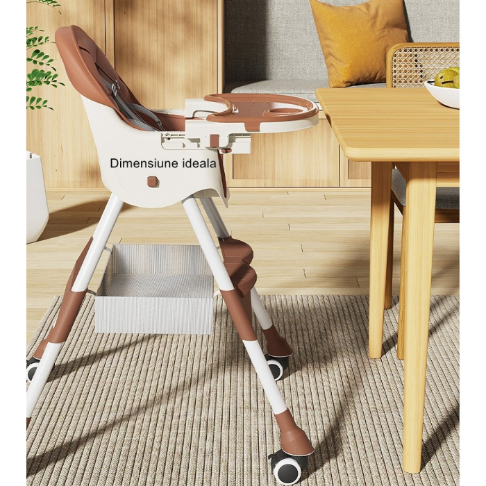Scaun de masa pentru bebelusi si copii, cu roti, telescopic, pliabil, masuta reglabila, suport picioare, scaun invelis piele artificiala, centura siguranta, spatiu depozitare, 97 x 73 x 65 cm [7]