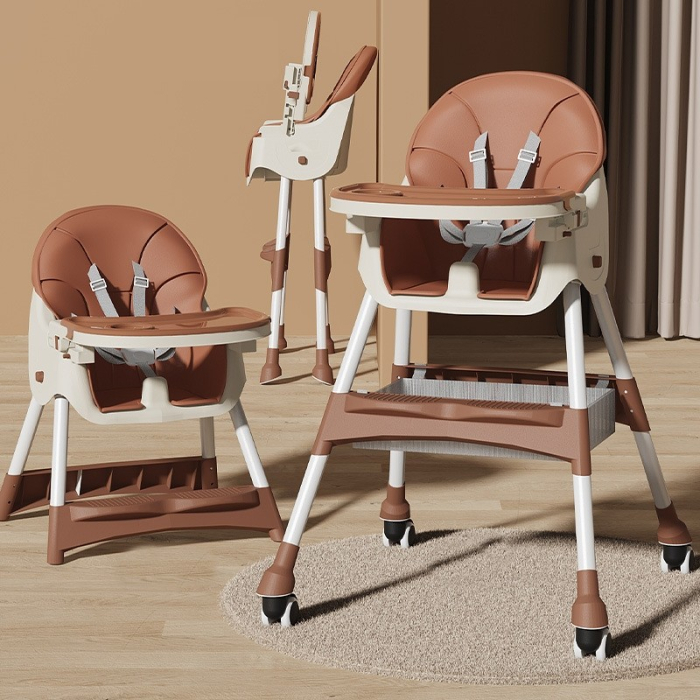 Scaun de masa pentru bebelusi si copii, cu roti, telescopic, pliabil, masuta reglabila, suport picioare, scaun invelis piele artificiala, centura siguranta, spatiu depozitare, 97 x 73 x 65 cm [4]