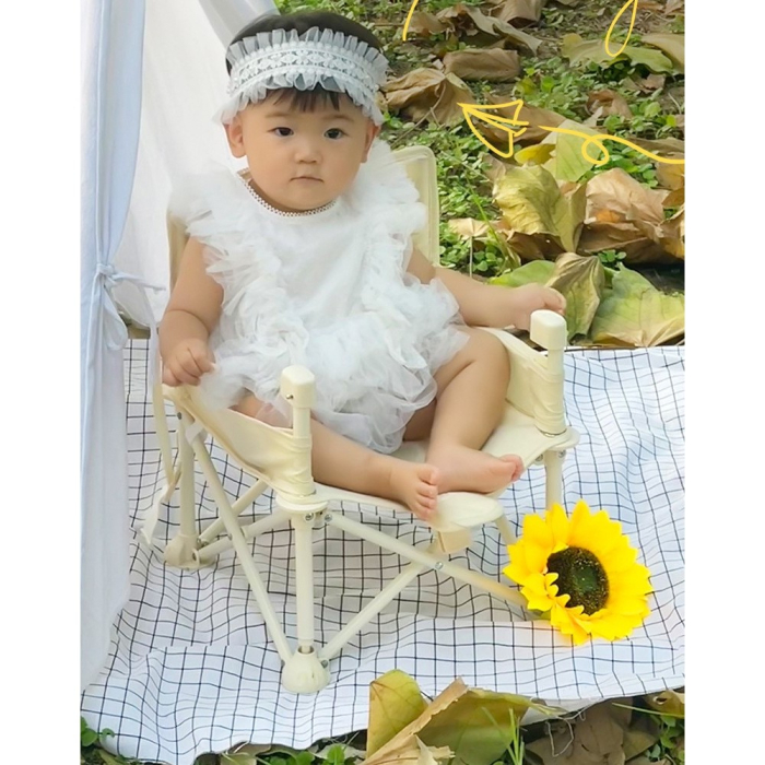 Scaun de Masa pentru Bebelusi si Copii, Tavita si Husa Detasabile, Multifuncțional, Stabil, Centura de Siguranta, Cos de Depozitare, Bej, cu Umbrela Verde, de la 6 Luni [3]