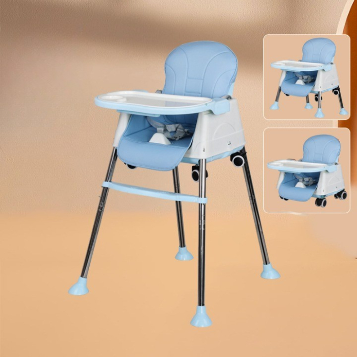 Scaun de Masa Pliabil 3in1, Reglabil, Multifunctional, 3 Pozitii, Masuta si Husa Detasabile, Roti, Centura de Siguranta, Ajustare Inaltime, Albastru [2]