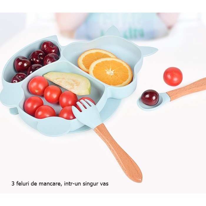 Set 10 piese diversificare bebelusi si copii din silicon, baveta, farfurie compartimentata cu ventuza, bol cu ventuza, tacamuri din lemn si silicon, cana pentru gustari, fara alergeni, baby blu [2]