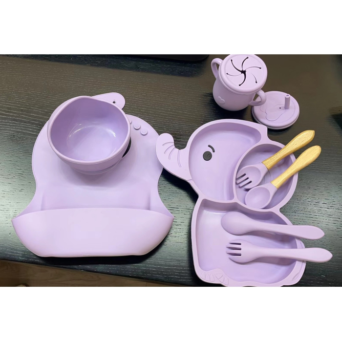 Set 10 Piese Servire Masa., pentru Bebelusi si Copii, din Silicon/Lemn, cu Ventuze Anti-alunecare, fara Alergeni. +6 Luni, Model Elefant, Mov [5]