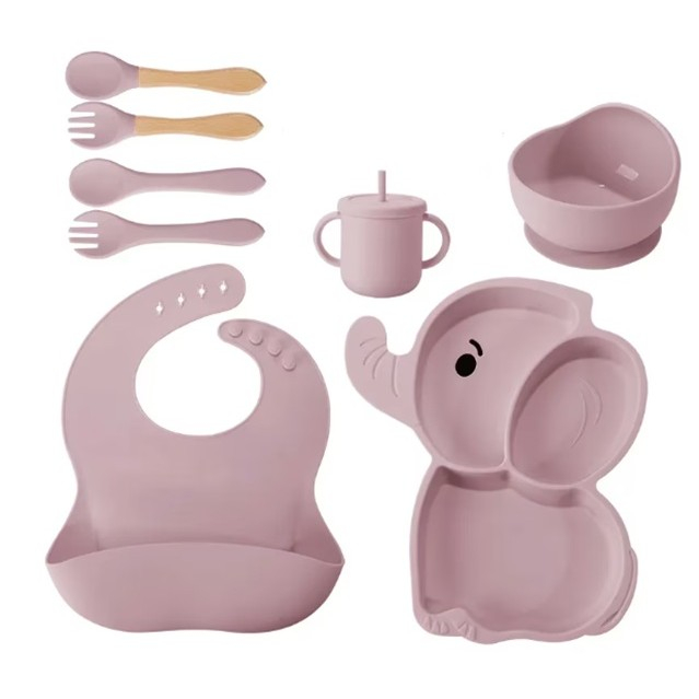 Set 10 Piese Servire Masa., pentru Bebelusi si Copii, din Silicon/Lemn, cu Ventuze Anti-alunecare, fara Alergeni. +6 Luni, Model Elefant, Mov [3]