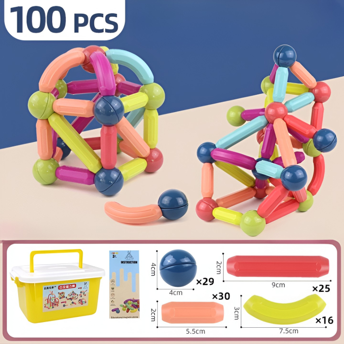 Set 100 Piese Magnetice de Constructie, Magnetic Sticks, Bastonase si Bile, 3 Ani, ABS, Magnet, 24 x 18.5 x 14 cm, Multicolor [5]