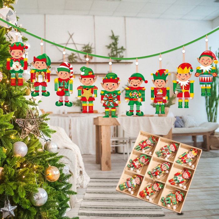 Set 18 Decoratiuni de Craciun din Lemn, cu Snur pentru Agatare in Brad, Model Elfi, Diferite Dimensiuni, Multicolor [6]