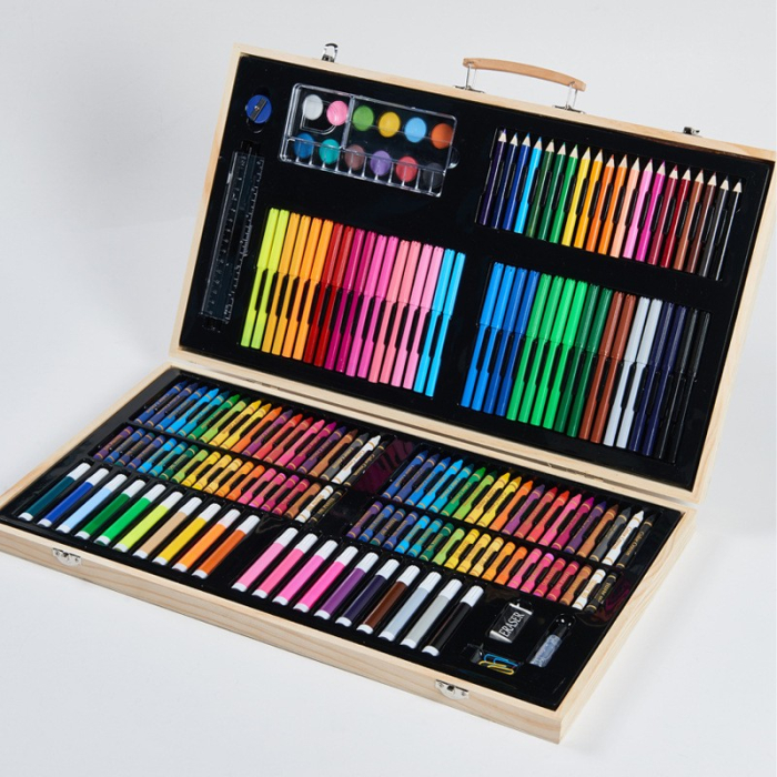 Set 220 Piese pentru Desen si Pictura, Tip Servieta din Lemn, Model Natur, 48 x 30 x 5 cm, Multicolor [2]