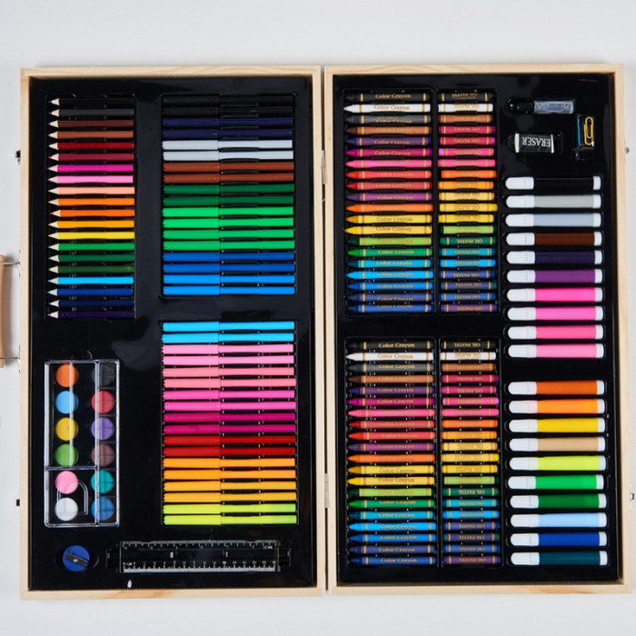 Set 220 Piese pentru Desen si Pictura, Tip Servieta din Lemn, Model Natur, 48 x 30 x 5 cm, Multicolor [4]