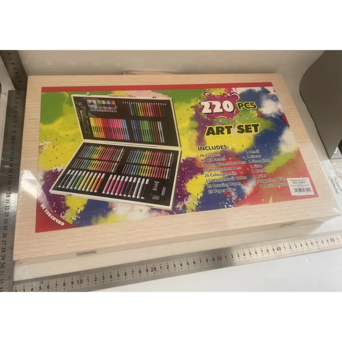 Set 220 Piese pentru Desen si Pictura, Tip Servieta din Lemn, Model Natur, 48 x 30 x 5 cm, Multicolor [6]
