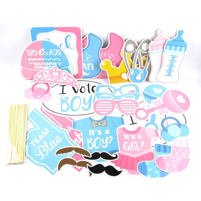 Set 30 de Accesorii pentru Petrecere, Props pentru Coltul de Poze, Gender Reveal, Tematica Baby Shower, Albastru-Roz [2]