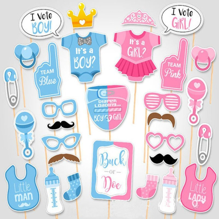 Set 30 de Accesorii pentru Petrecere, Props pentru Coltul de Poze, Gender Reveal, Tematica Baby Shower, Albastru-Roz [5]