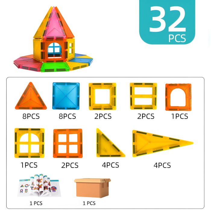 Set 32 Piese Magnetice de Constructie, Piese 5.5 cm, Magnetic Tiles, Forme Geometrice, 3 Ani, ABS, Magnet, 20.5 x 14.5 x 12 cm, Multicolor [5]