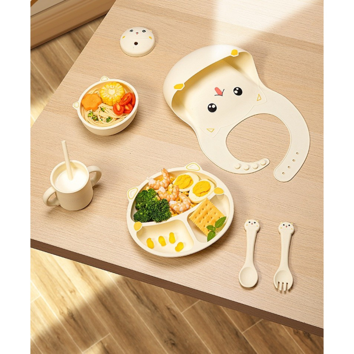 Set 4 Piese Hranire Bebelusi si Copii, din Silicon, fara BPA, de la 12 Luni, Model Pisicuta, 28 x 26 x 2 cm, Bej [5]