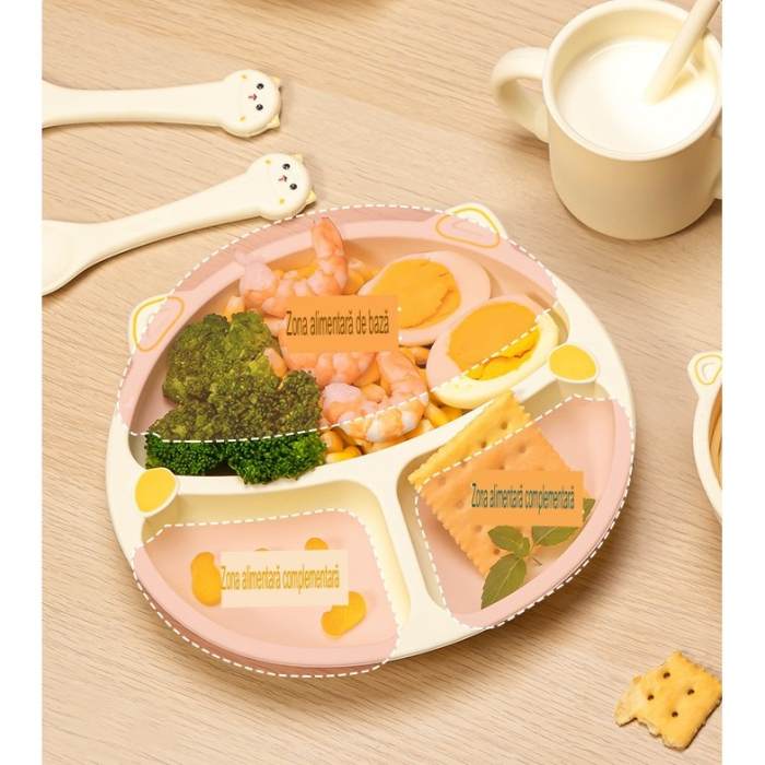 Set 4 Piese Hranire Bebelusi si Copii, din Silicon, fara BPA, de la 12 Luni, Model Pisicuta, 28 x 26 x 2 cm, Bej [3]