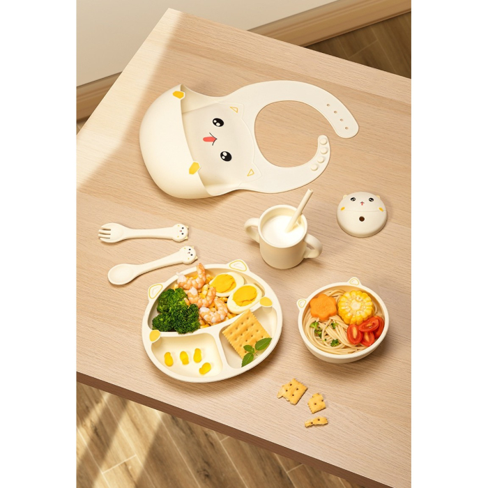 Set 7 Piese Hranire Bebelusi si Copii, din Silicon, fara BPA, de la 12 Luni, Model Pisicuta, 30 x 25 x 6 cm, Bej [2]