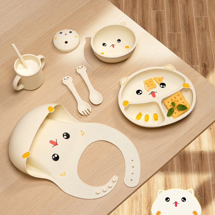 Set 7 Piese Hranire Bebelusi si Copii, din Silicon, fara BPA, de la 12 Luni, Model Pisicuta, 30 x 25 x 6 cm, Bej [6]