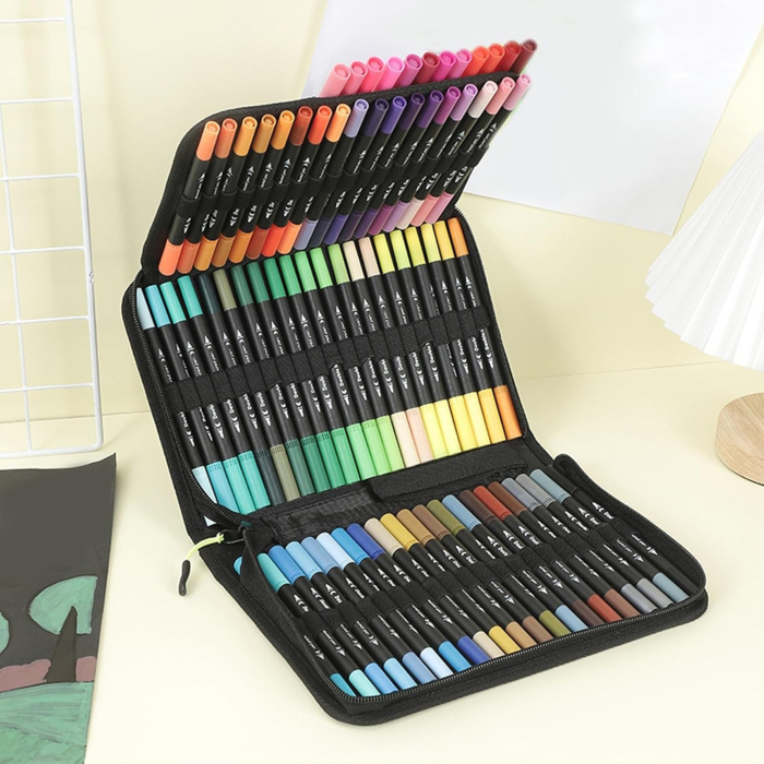 Set Carioci pe Baza de Apa, 2 in 1, pentru Pictura, Caligrafie, 72 Culori, Penar Negru, Corp Carioca Negru, 24.5 x 18.5 x 5 cm, Multicolor [5]