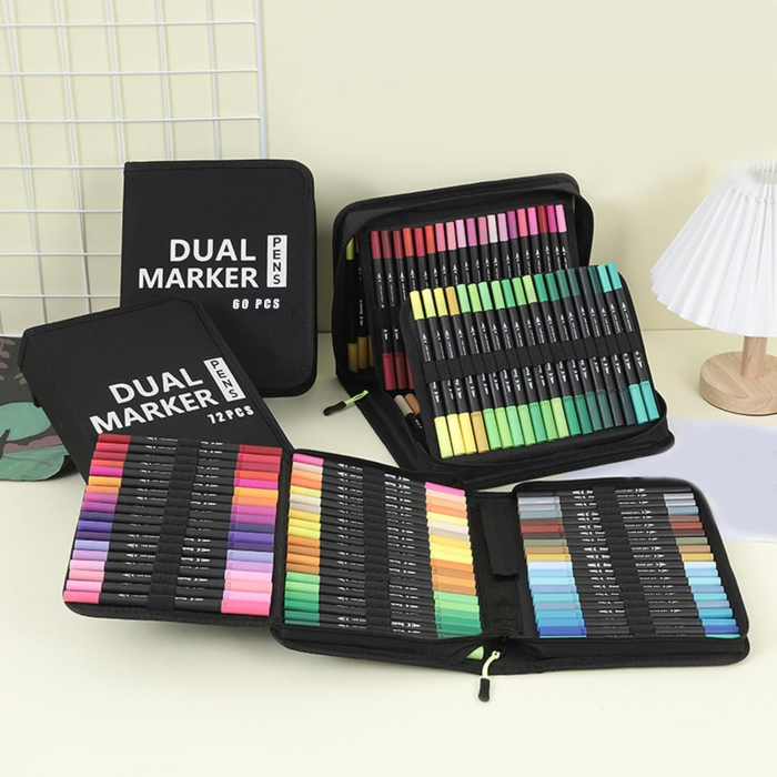Set Carioci pe Baza de Apa, 2 in 1, pentru Pictura, Caligrafie, 72 Culori, Penar Negru, Corp Carioca Negru, 24.5 x 18.5 x 5 cm, Multicolor [6]