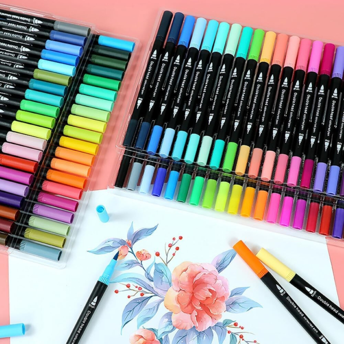 Set Carioci pe Baza de Apa, 2 in 1, pentru Pictura, Caligrafie, 72 Culori, Penar Negru, Corp Carioca Negru, 24.5 x 18.5 x 5 cm, Multicolor [2]