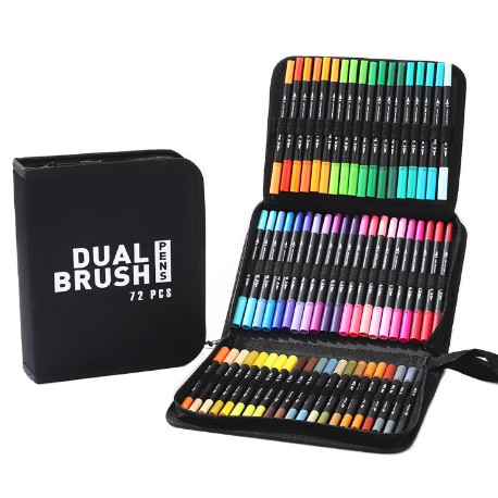 Set Carioci pe Baza de Apa, 2 in 1, pentru Pictura, Caligrafie, 72 Culori, Penar Negru, Corp Carioca Negru, 24.5 x 18.5 x 5 cm, Multicolor [1]