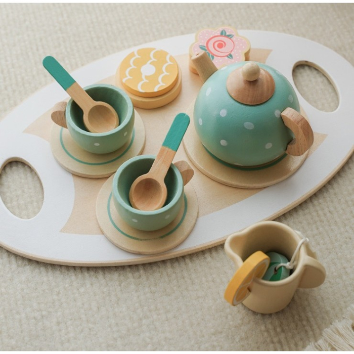 Set de Ceai, din Lemn, 15 Piese, Vopsea Ecologica, +36 Luni, Multicolor Pastel [3]