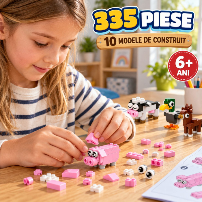Set de Constructie, Animale de Ferma 10 in 1, 335 Piese, 10 Modele, 6+, 23x14.5x7.5 cm, Multicolor [5]
