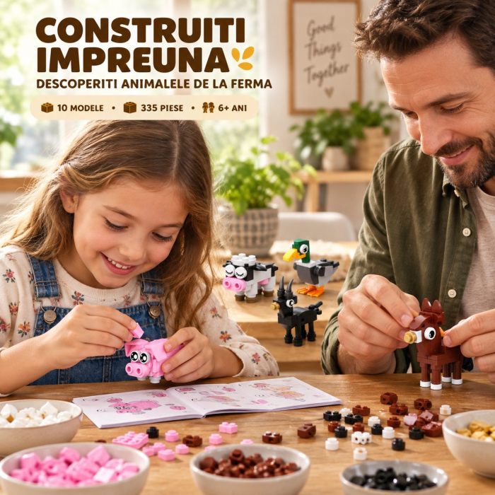 Set de Constructie, Animale de Ferma 10 in 1, 335 Piese, 10 Modele, 6+, 23x14.5x7.5 cm, Multicolor [6]