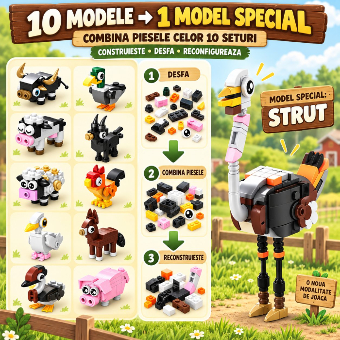 Set de Constructie, Animale de Ferma 10 in 1, 335 Piese, 10 Modele, 6+, 23x14.5x7.5 cm, Multicolor [7]
