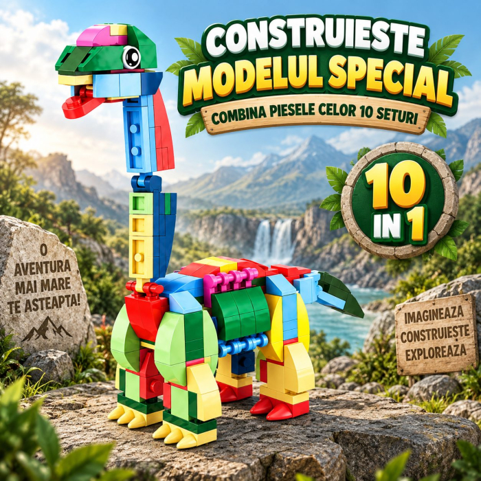 Set de Constructie, Dinozauri 10 in 1, 371 Piese, 10 Modele de Dinozauri, Varsta 6+ Ani, 20.5 x 4.5 x 13 cm, Multicolor [7]
