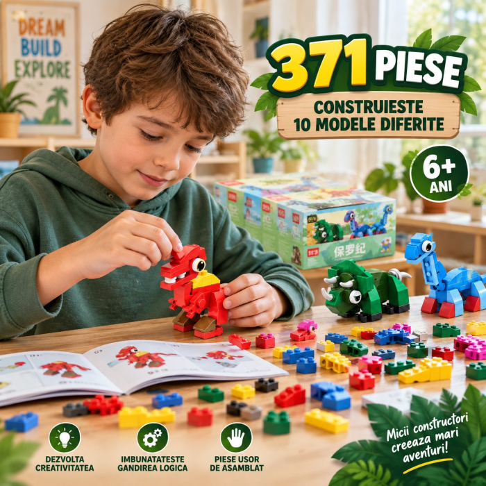 Set de Constructie, Dinozauri 10 in 1, 371 Piese, 10 Modele de Dinozauri, Varsta 6+ Ani, 20.5 x 4.5 x 13 cm, Multicolor [6]