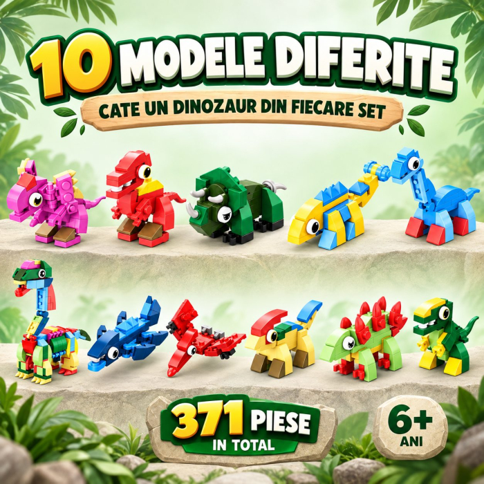 Set de Constructie, Dinozauri 10 in 1, 371 Piese, 10 Modele de Dinozauri, Varsta 6+ Ani, 20.5 x 4.5 x 13 cm, Multicolor [2]