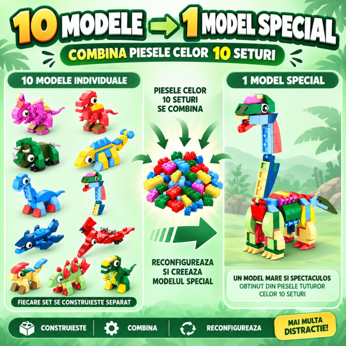 Set de Constructie, Dinozauri 10 in 1, 371 Piese, 10 Modele de Dinozauri, Varsta 6+ Ani, 20.5 x 4.5 x 13 cm, Multicolor [3]